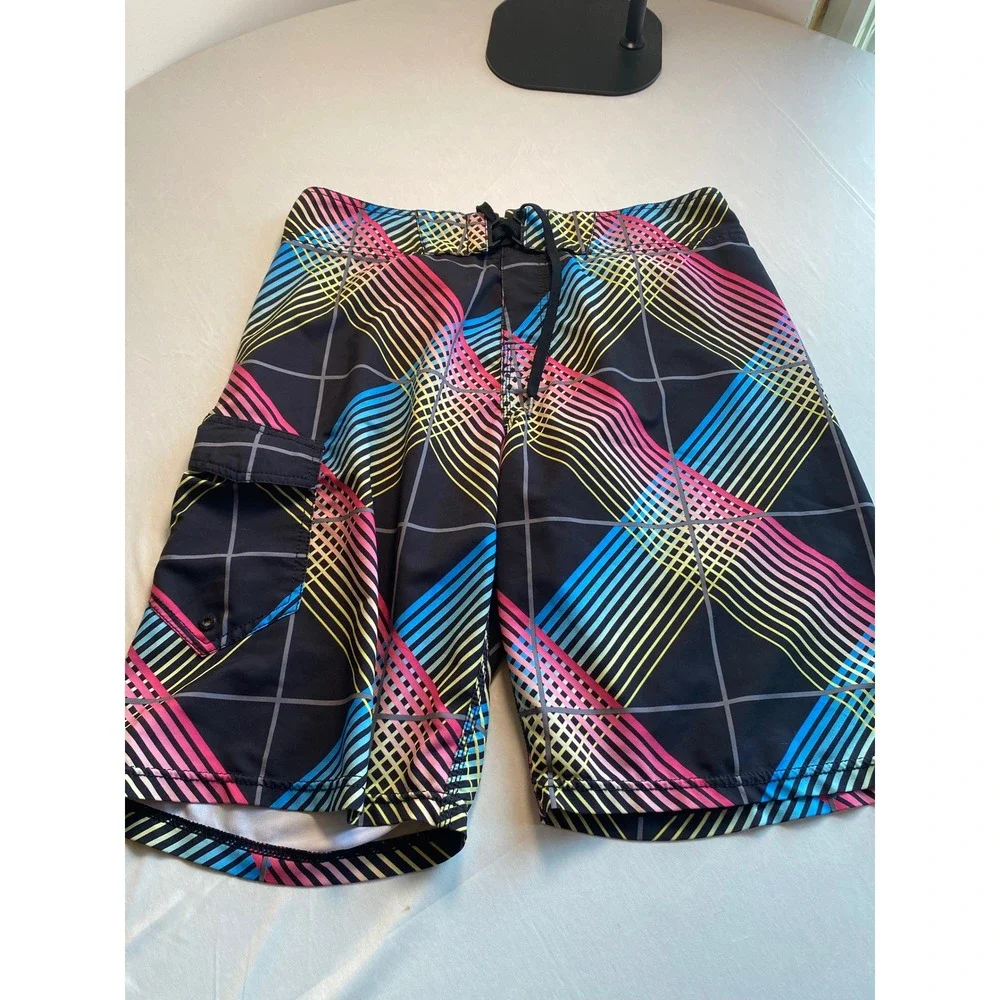 Billabong Mens Board Shorts Size 33 Black Neon Plaid Swim Trunks M1261WEB
